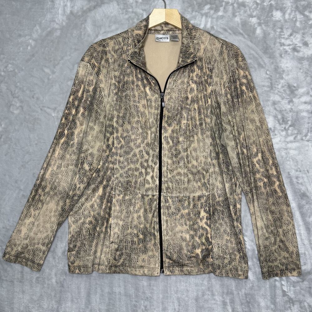 Chicos Jacket Womens XL Brown Knit Animal Print Zip Front Long Sleeve Pockets